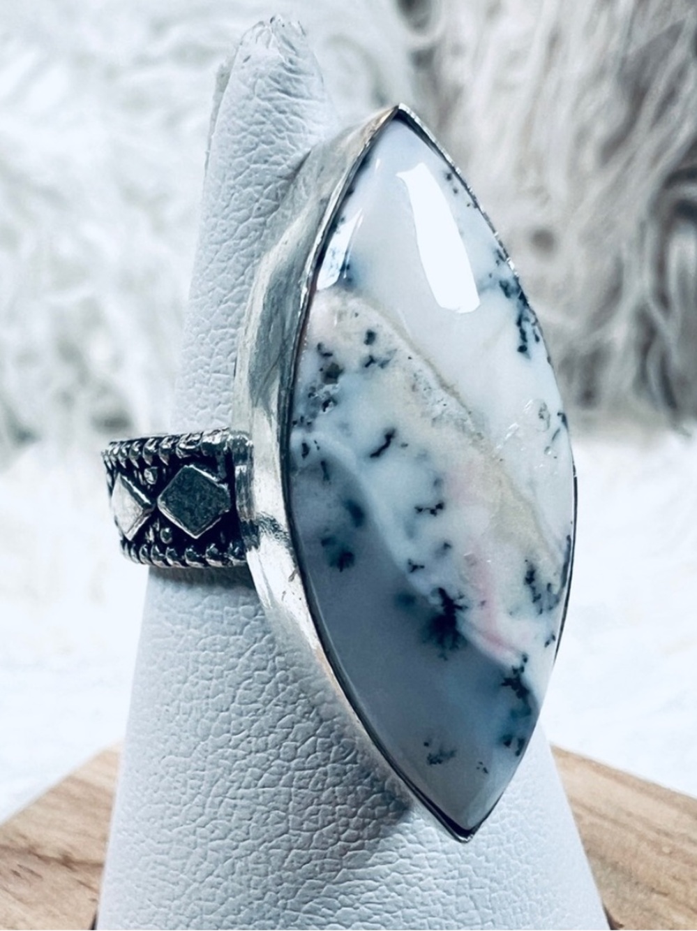 Marquise Dendritic Opal Statement Ring in White and Gray - Sterling Tone